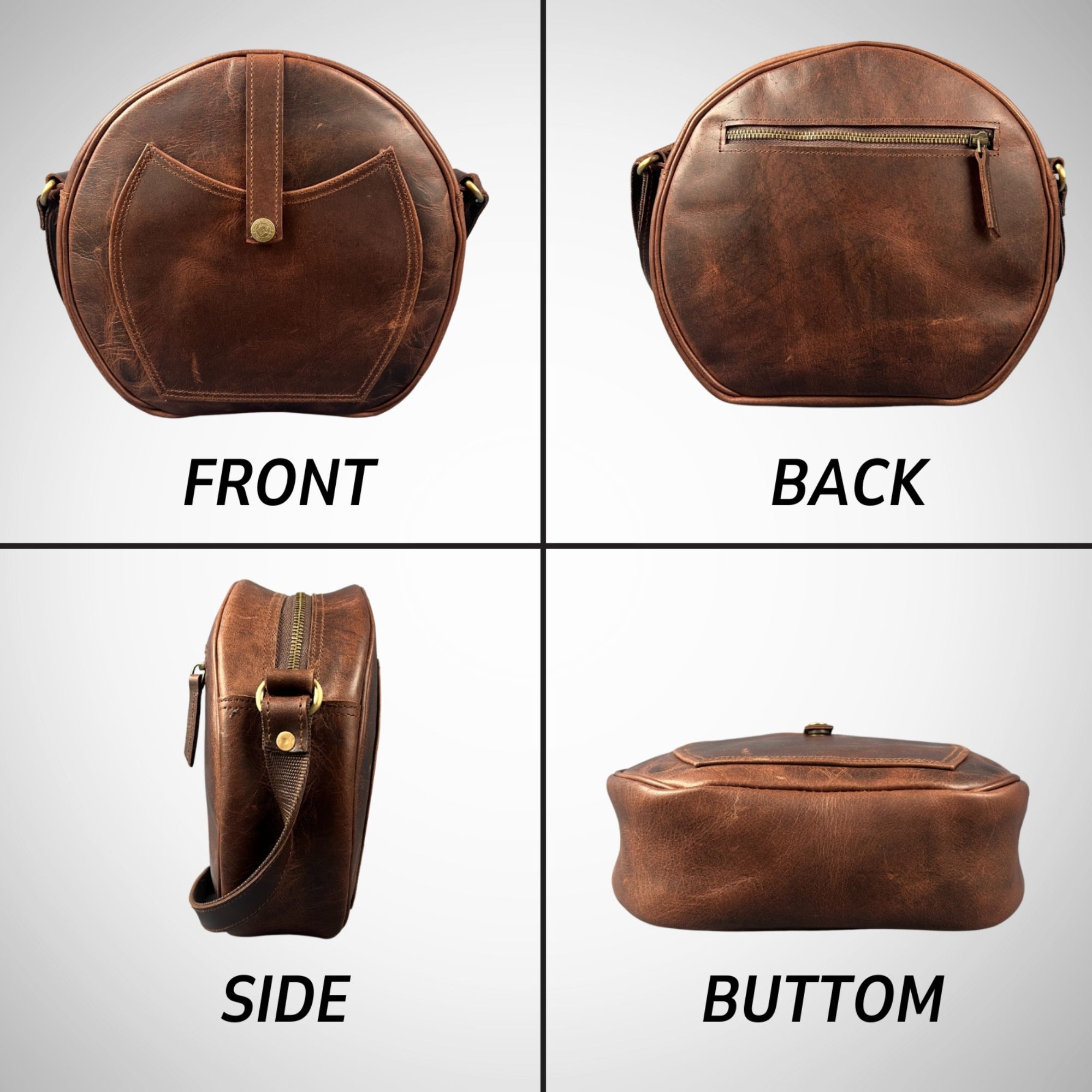 Crossbody Purse Buffalo Leather Hobo Women Semi Circle Zipper Brown Bag